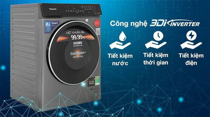 Máy giặt sấy Panasonic Inverter giặt 9 kg - sấy 6 kg NA-S96FC1LVT trang bị động cơ 3Di Inverter có khả năng điều chỉnh lồng giặt với vòng quay máy nén linh hoạt khi hoạt động