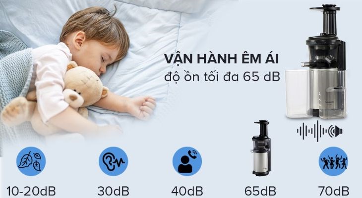 máy ép chậm Panasonic MJ-L500SRA có khả năng vận hành êm ái với độ ồn tối đa chỉ 65dB