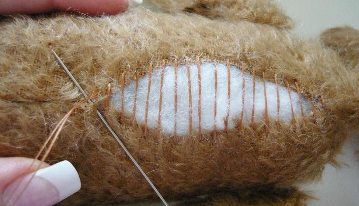 Khi vỏ gấu đã được làm sạch, phơi khô, bạn nhét bông vào rồi dùng kim chỉ khâu lại
