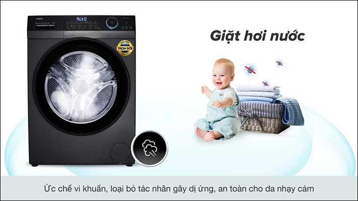 Máy giặt Aqua Inverter 9 kg AQD- D902G BK có tính năng giặt hơi nước nhanh chóng loại bỏ các vết bẩn cứng đầu, vi khuẩn và các chất gây dị ứng Máy giặt Aqua Inverter 9 kg AQD- D902G BK có tính năng giặt hơi nước nhanh chóng loại bỏ các vết bẩn cứng đầu, vi khuẩn và các chất gây dị ứng