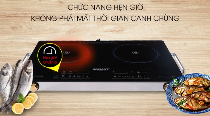 Nhấn nút hẹn giờ trên bảng điều khiển của bếp hồng ngoại đôi Sanaky SNK-203HGNW để hẹn giờ tắt bếp