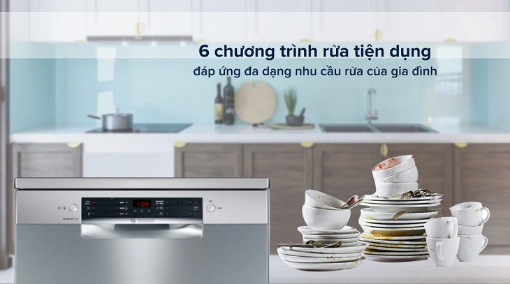 Máy rửa chén độc lập Bosch SMS46GI01P TGB với  6 chương trình rửa được tích hợp sẵn, tiện lợi khi sử dụng