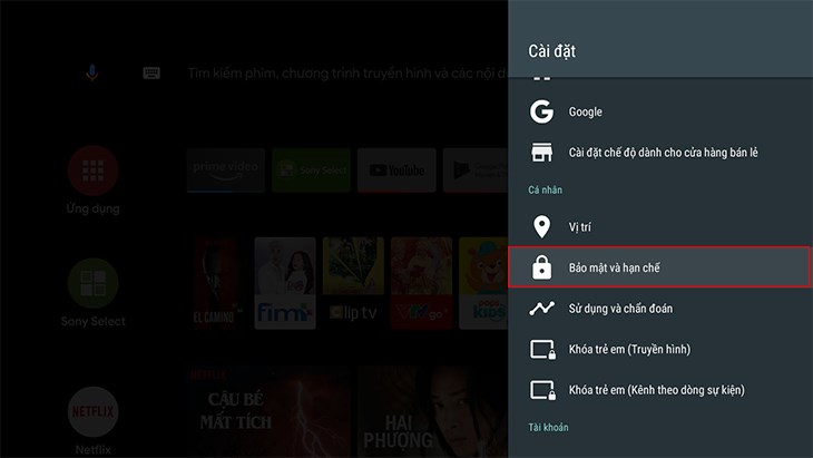 Chọn Bảo mật và hạn chế trên màn hình