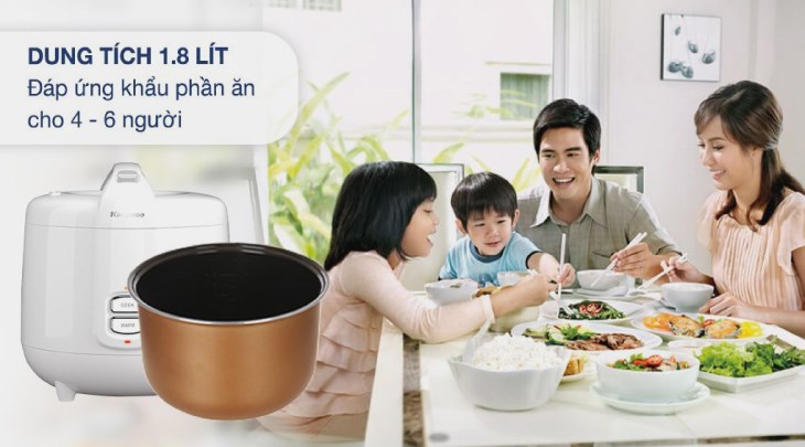 Nồi cơm nắp gài Kangaroo 1.8 lít KG18RC9 có dung tích 1.8 lít, phục vụ tốt cho các gia đình có 4 - 6 thành viên