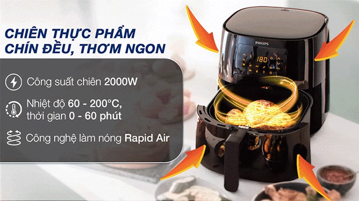 Nồi chiên không dầu Philips HD9270/90 6.2 lít có công suất nướng lên đến 2000W giúp nấu nướng được nhanh hơn Nồi chiên không dầu Philips HD9270/90 6.2 lít có công suất nướng lên đến 2000W giúp nấu nướng được nhanh hơn