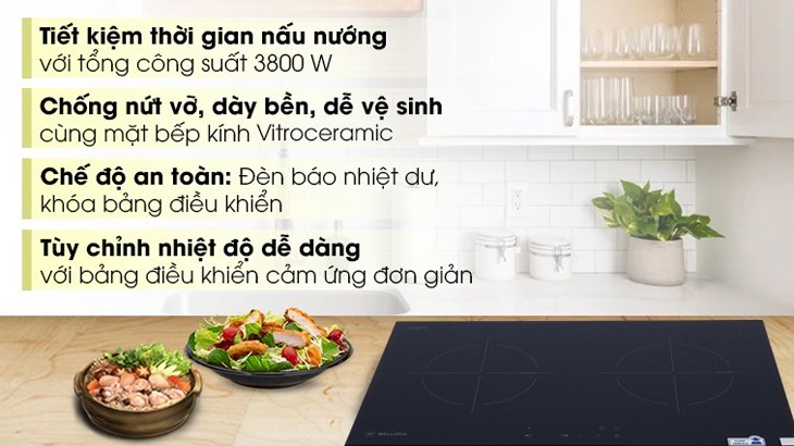 Bếp từ đôi lắp âm Malloca MH-7320I với tổng cổng suất ở 2 vùng nấu là 3800W giúp thức ăn chín nhanh và đều hơn, tiết kiệm thời gian, điện năng tiêu thụ