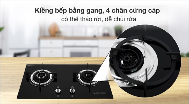Kiềng bếp ga âm Sakura SG-2525GB làm bằng gang dày chắc, khả năng nâng đỡ tốt cho các nồi chảo kích thước lớn