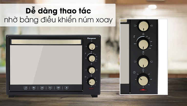 Lò nướng Kangaroo trang bị bảng điều khiển núm xoay tùy chỉnh nhiệt độ nướng từ 100 - 250 độ C, dễ dàng thao tác