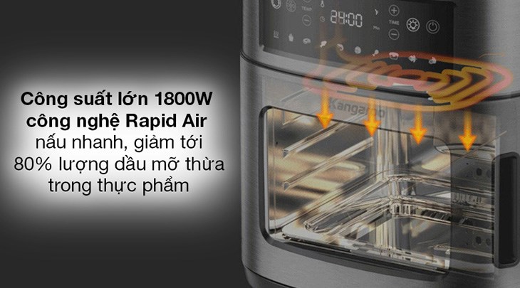 Nhờ ứng dụng công nghệ Rapid Air, lò chiên không dầu Kangaroo KG12AF1A vừa giúp thức ăn chín nhanh vừa giảm lượng lớn chất béo