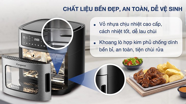 Lò chiên không dầu Kangaroo KG12AF1A sở hữu vẻ ngoài sáng bóng và sang trọng với gam màu xám - đen