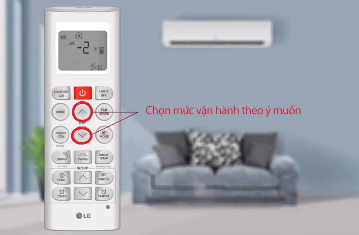 Nhấp chọn biểu tượng mũi tên xuống hoặc lên để chọn mức độ vận hành của máy Nhấp chọn biểu tượng mũi tên xuống hoặc lên để chọn mức độ vận hành của máy