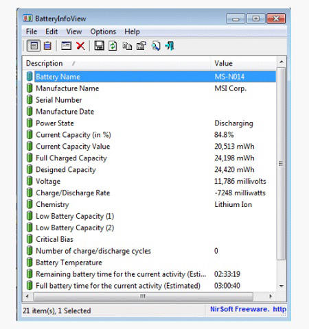 Giao diện phần mềm BatteryInfoView