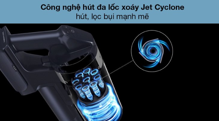 Máy hút bụi không dây Samsung VS15A6031R1/SV được trang bị hệ thống hút đa lốc xoáy Jet Cyclone tạo ra lực hút mạnh vượt trội, hỗ trợ lọc bụi mịn hiệu quả