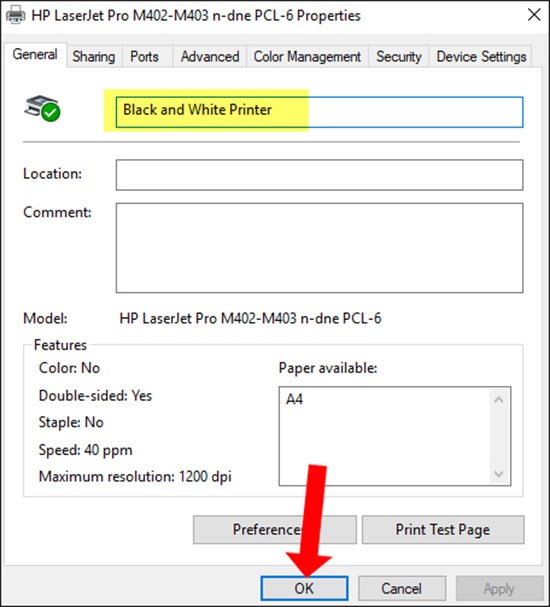 Bạn ấn OK để hoàn thành việc đổi tên máy in Bạn ấn OK để hoàn thành việc đổi tên máy in