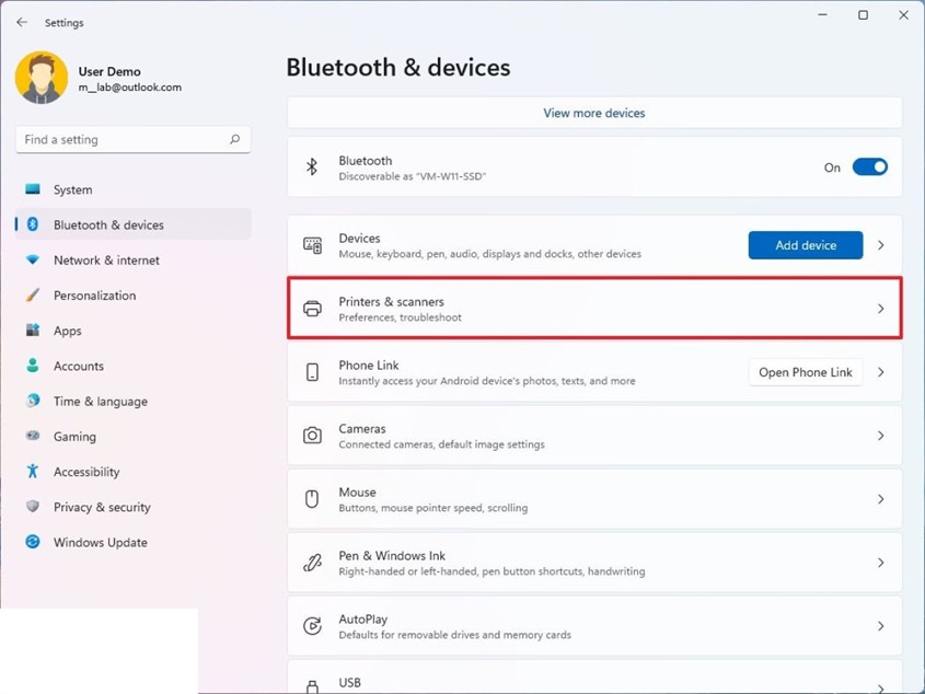 Bạn mở mục Settings > chọn Bluetooth & devices > Chọn Printers & scanner Bạn mở mục Settings > chọn Bluetooth & devices > Chọn Printers & scanner