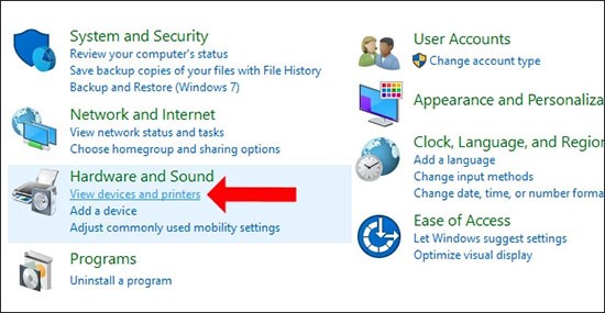 Tại mục Hardware and Sound, bạn ấn chọn vào View devices and printers Tại mục Hardware and Sound, bạn ấn chọn vào View devices and printers