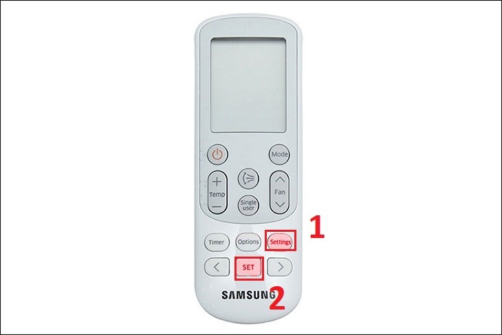 Nhấn và giữ nút Setting đến khi đèn hiển thị chữ Beep xuất hiện trên màn hình remote