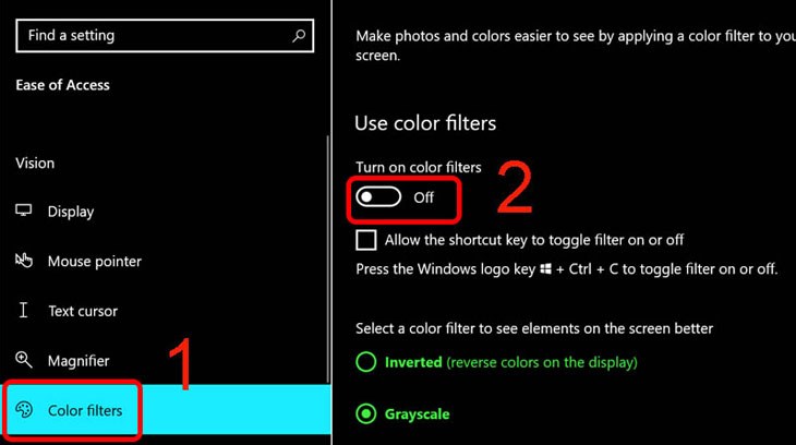 Tắt tùy chọn Turn on color filters Tắt tùy chọn Turn on color filters