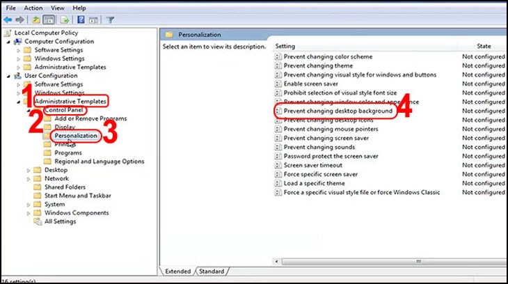 Chọn Prevent changing destop background Chọn Prevent changing destop background