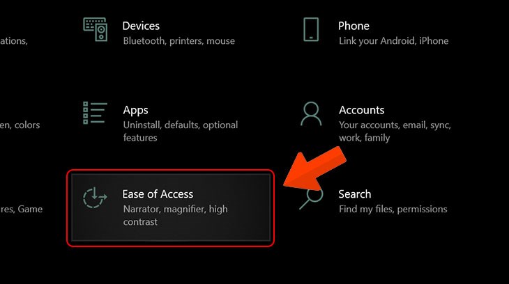 Chọn Ease of Access. Chọn Ease of Access.