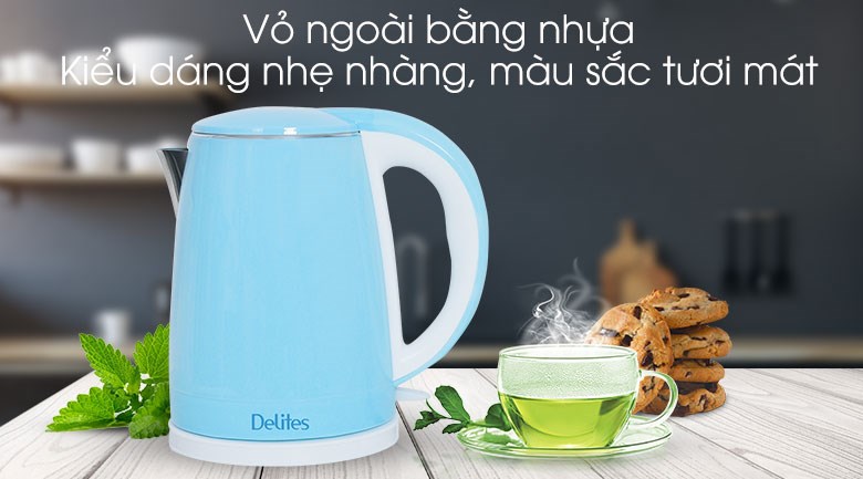 Bình đun siêu tốc Delites 1.8 lít ST18DB01 được thiết kế màu xanh bắt mắt, tạo điểm nhấn nổi bật cho không gian phòng bếp