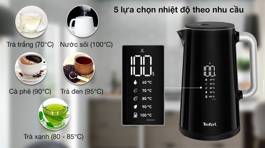 Bình đun siêu tốc Tefal KO850810 được điều khiển thông minh với màn hình kỹ thuật số sang trọng, hiện đại với nút nhấn trên tay cầm