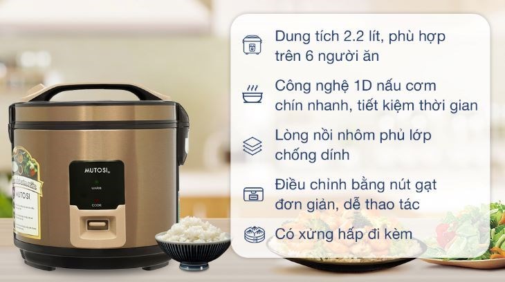 Nồi cơm điện nắp gài Mutosi 2.2 lít MR-36PB có dung tích 2,2 lít, phù hợp cho khẩu phần ăn 6 người