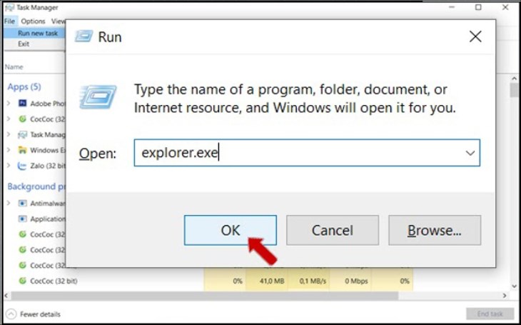 Bạn chạy lệnh explorer.exe Bạn chạy lệnh explorer.exe