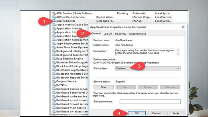Bạn đặt tùy chọn Startup type thành Disable Bạn đặt tùy chọn Startup type thành Disable