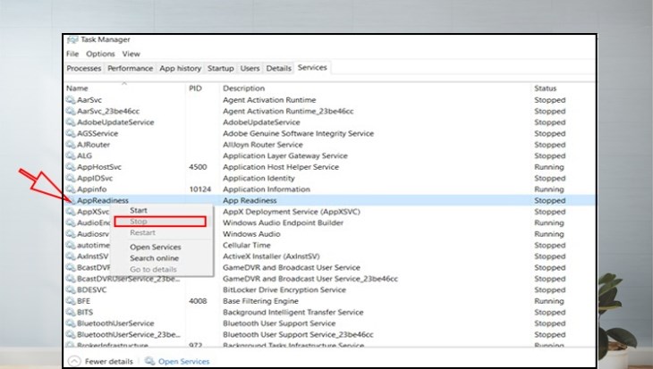 Bạn chọn Stop tại dịch vụ AppReadiness Bạn chọn Stop tại dịch vụ AppReadiness