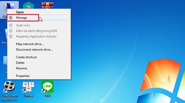 Nhấp chuột phải vào biểu tượng My Computer > chọn Manage