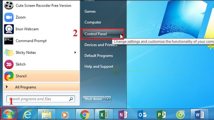Chọn Start và mở Control Panel