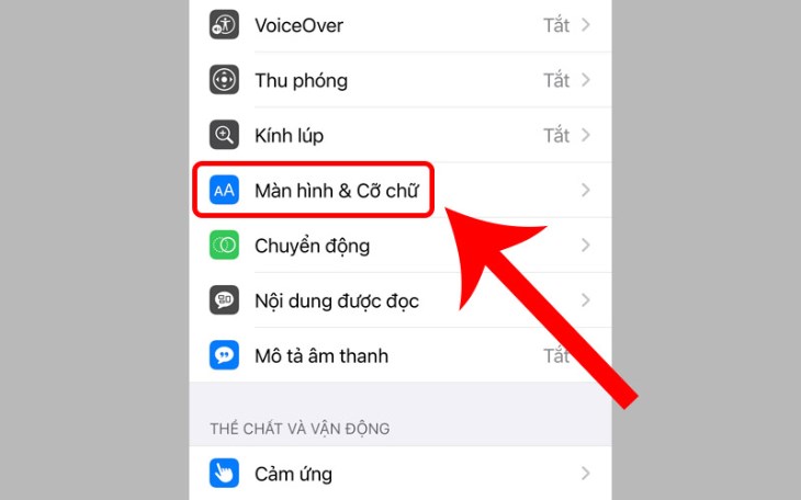 Nhấn vào Màn hình & Cỡ chữ.