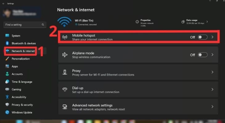 Để hoàn tất thì bạn gạt nút Mobile hotspot thành On Để hoàn tất thì bạn gạt nút Mobile hotspot thành On