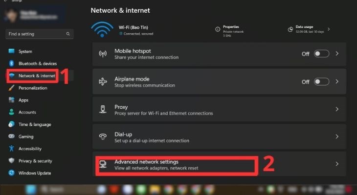 Tại Network & Internet thì bạn sẽ chọn Advanced Network Settings Tại Network & Internet thì bạn sẽ chọn Advanced Network Settings
