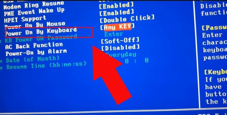 Bạn chọn mục Power on by keyboard