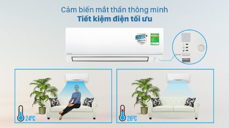 Điều hòa 2 chiều Daikin Inverter 8500 BTU FTHF25VAVMV có cảm biến mắt thần thông minh giúp tiết kiệm điện tối ưu