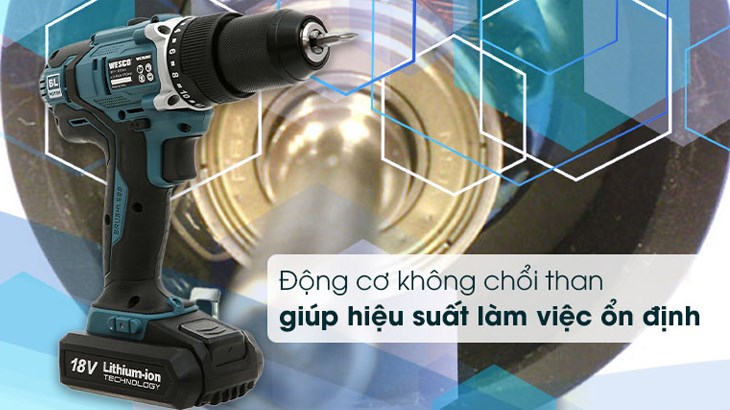 Máy khoan pin Wesco WS2921K2 18V có công suất lớn, động cơ không chổi than giúp máy hoạt động bền bỉ