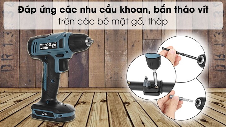 Máy khoan pin Wesco Ws2550K 12V với mũi khoan bền chắc, đáp ứng nhu cầu khoan trên các bề mặt gỗ, thép