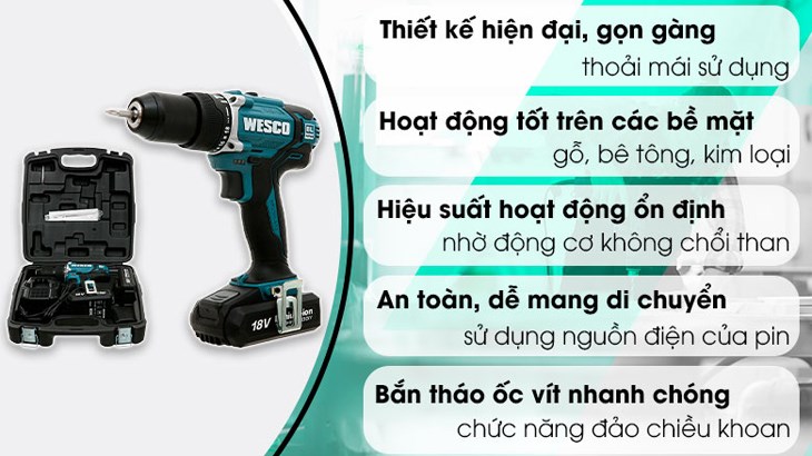 Máy khoan pin Wesco WS2921K2 18V (2 pin, 1 sạc) có giá 3.776.000 đồng (cập nhật tháng 05/2023, có thể thay đổi theo thời gian)