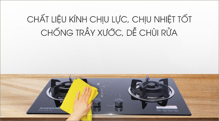 Mặt bếp ga âm Sunhouse SHB7736 làm từ kính cường lực chịu nhiệt tốt và dễ dàng vệ sinh sau khi đun nấu
