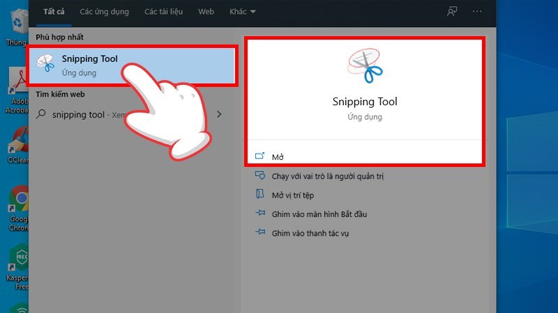 Bạn gõ tìm Snipping Tool trên Start Bạn gõ tìm Snipping Tool trên Start