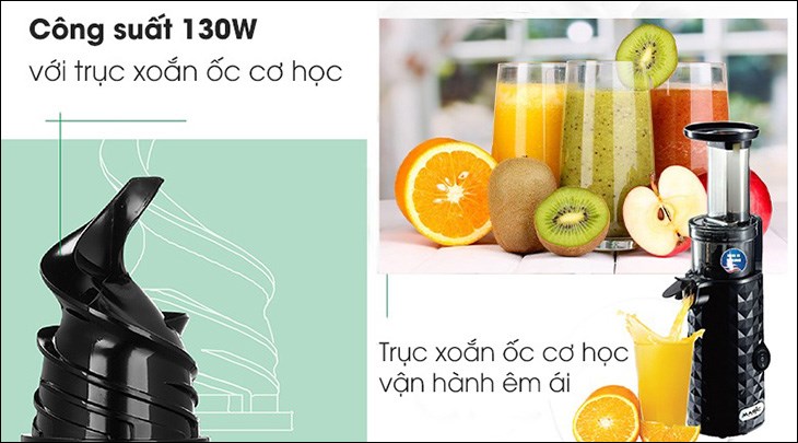 Sản phẩm có công suất hoạt động mạnh mẽ đạt 130W, giúp ép kiệt nước các nguyên liệu