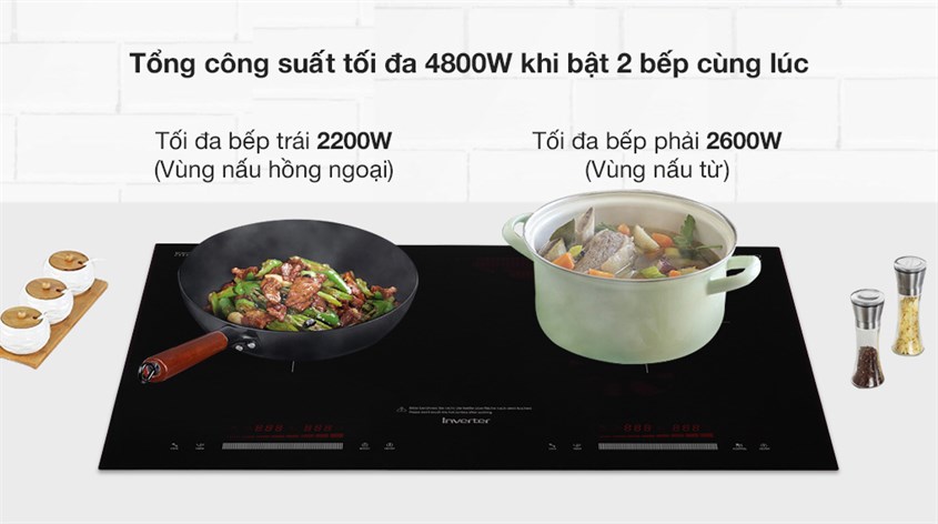 Bếp từ hồng ngoại lắp âm Junger SIS-68 có tổng công suất 4800W, hỗ trợ nấu ăn nhanh chóng, tiện lợi