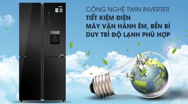 Tủ lạnh Aqua tiết kiệm điện tối đa Tủ lạnh AQUA Inverter 456 lít AQR-IGW525EM GB trang bị công nghệ Twin Inverter giúp tiết kiệm điện, vận hành êm và làm lạnh nhanh