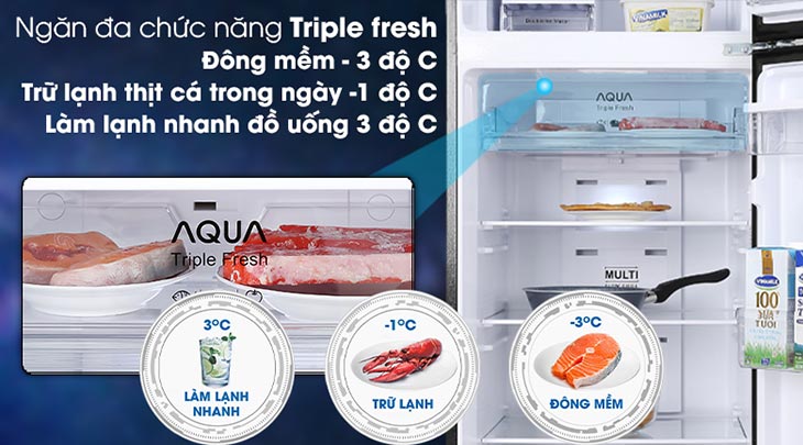 Tủ lạnh Aqua có ngăn đa năng Triple Fresh Bảo quản đa dạng thực phẩm với độ lạnh tối ưu nhờ ngăn đa chức năng Triple Fresh