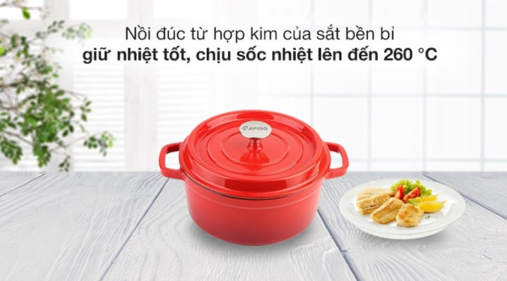 Nồi gang đúc 20 cm Rapido RK20-RD được đúc từ hợp kim của sắt có độ bền cao, khả năng bắt nhiệt và giữ nhiệt tốt