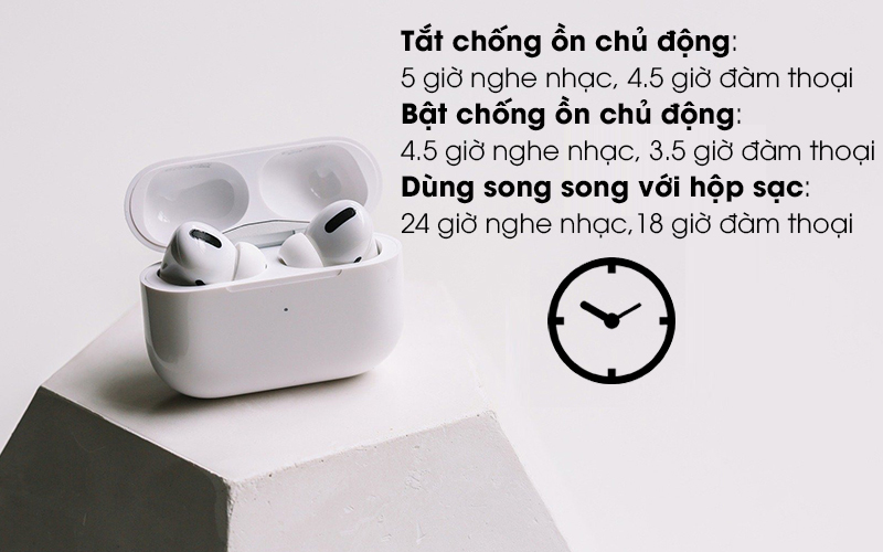 Thời lượng pin của tai nghe AirPods cho phép nghe nhạc đến 4.5 giờ, đàm thoại đến 3.5 giờ