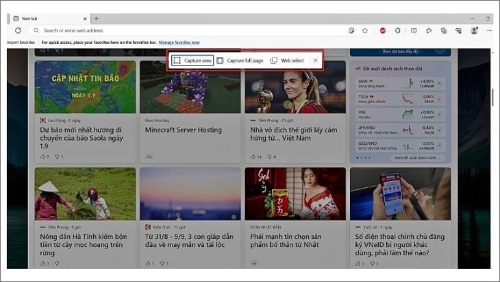 Có 3 lựa chọn là Capture area, Capture full page và Web select Có 3 lựa chọn là Capture area, Capture full page và Web select